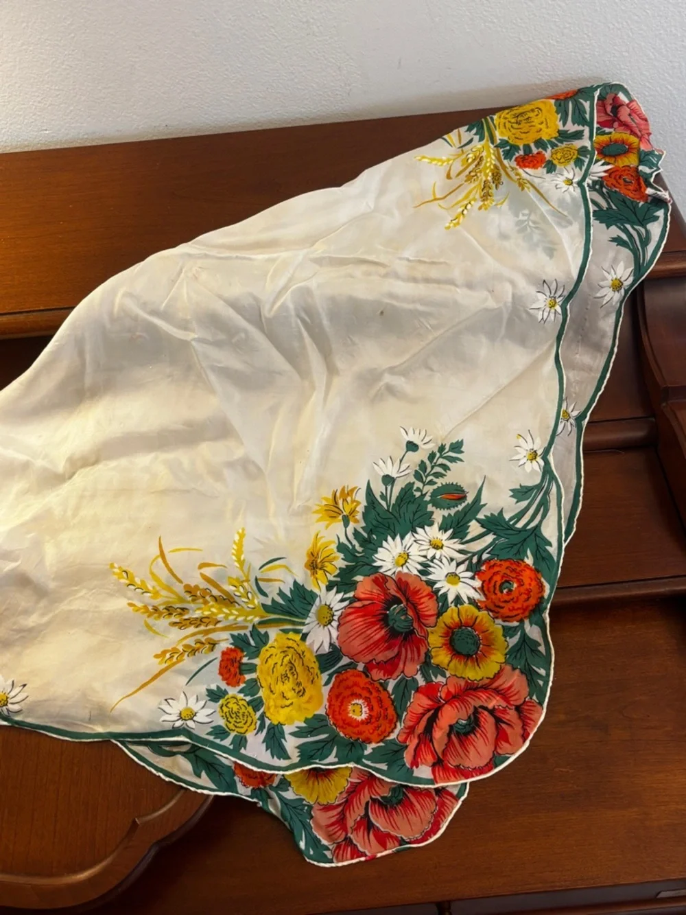 Vintage Susan Smith Creations Silk Rayon Chiffon Scarf Floral Border Hand Rolled